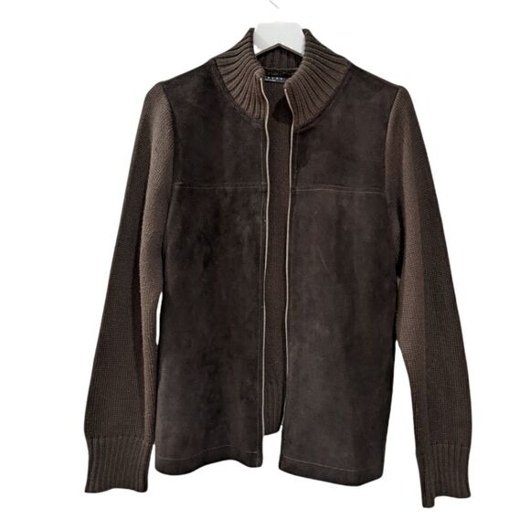 Sisley Italy Women's Brown Wool & Leather Suede Full Zip Jacket Size M - Picture 3 of 10